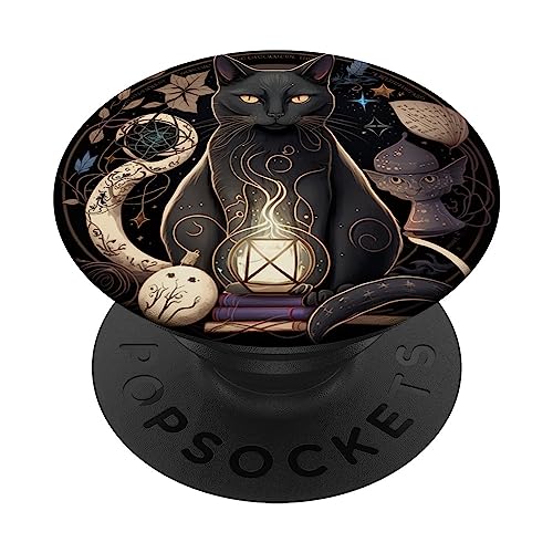 Süße schwarze Hexenkatze mit Mondphasen für Tarot-Fans, Katze PopSockets mit austauschbarem PopGrip von Cat Lover Kitty Gifts