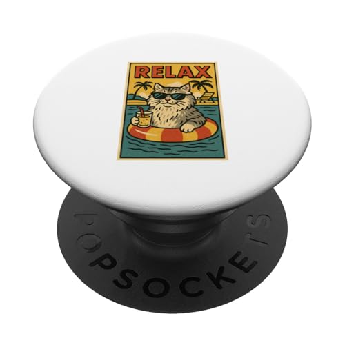 Sibirische Katze Relaxing Beach Comic Book Style Relax PopSockets Klebender PopGrip von Cat Pop Art Store