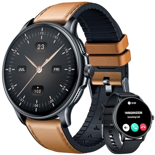 Smartwatch Armbanduhr Fitnessuhr Wasserdicht Uhr: Smartwatch Herren mit 1,43" AMOLED Touchscreen Rund Blutdruck Herzfrequenz Sport Schrittzähler Telefonfunktion lederarmband Herrenuhr fuer Android iOS von CatShin