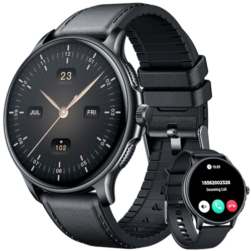 Smartwatch Armbanduhr Fitnessuhr Wasserdicht Uhr: Smartwatch Herren mit 1,43" AMOLED Touchscreen Rund Blutdruck Herzfrequenz Sport Schrittzähler Telefonfunktion lederarmband Herrenuhr fuer Android iOS von CatShin