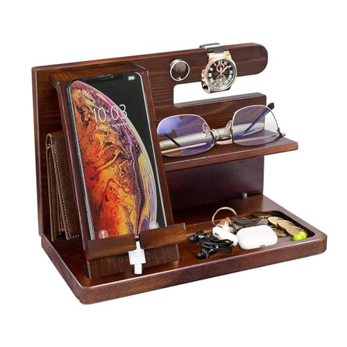 Catekro Holz Telefon Mobile Halterung, Schreibtisch Organizer Holz, Ablage Nachttisch Desk Organizer für Telefon, Geldbörsen, Uhren, Gadget und Schlüssel von Catekro