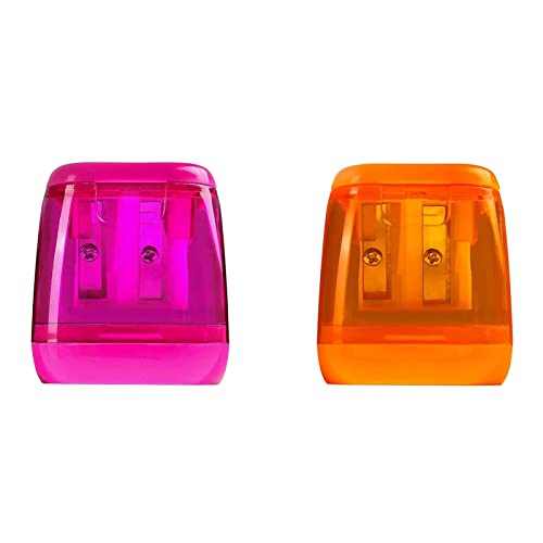 Catelves 2 Stück Anspitzer mit Behälter, Spitzer mit Dose, Anspitzer mit Behälter Klein, Anspitzer Kinder, Doppelloch-Bleistiftspitzer Pencil Sharpener,Spitzer für Schule Büro (Lila und Orange) von Catelves