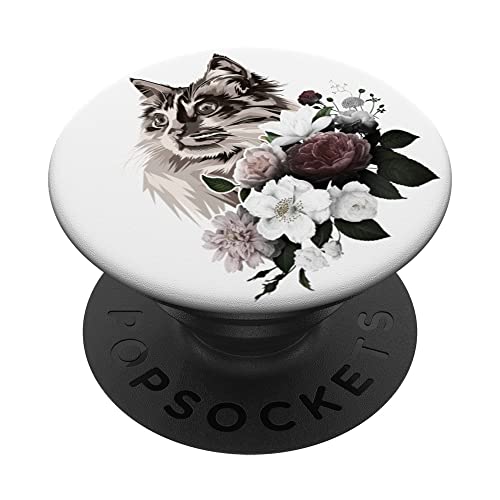 Schöne sibirische Katze mit Blumen, blumig PopSockets mit austauschbarem PopGrip von Cats by Fluffabulous Prints