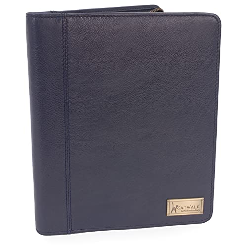 Catwalk Collection Handbags - Damen A5 Leder Notizbuchtasche - Schreibmappe mit Reißverschluss - Passend für Tablet und Notizbuch - Angela - Blau von Catwalk Collection Handbags