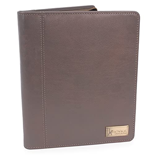 Catwalk Collection Handbags - Damen A5 Leder Notizbuchtasche - Schreibmappe mit Reißverschluss - Passend für Tablet und Notizbuch - ANGELA - Grau von Catwalk Collection Handbags