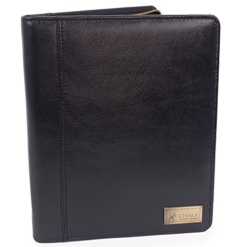 Catwalk Collection Handbags - Damen A5 Leder Notizbuchtasche - Schreibmappe mit Reißverschluss - Passend für Tablet und Notizbuch - Angela - Schwarz von Catwalk Collection Handbags