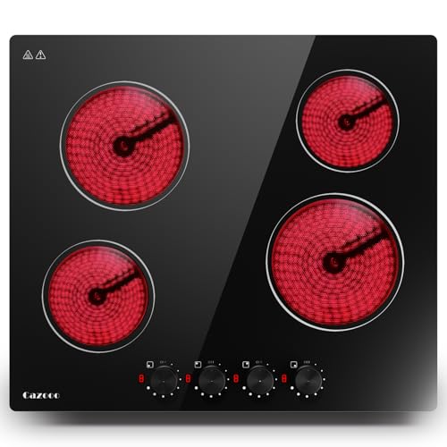 Cazooo Glaskeramik-Kochfeld 60 cm, 4 Kochzonen, Einbau Elektro Autark Rahmenlos, Timer, Knopfsteuerung, 8 Stufen, 6000 W,Passend für die Meisten Töpfe von Cazooo