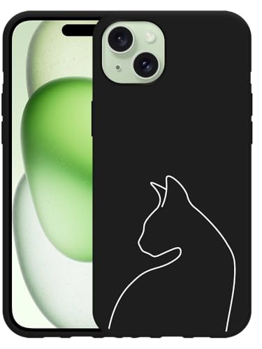 Cazy Hülle Schwarz Kompatibel mit iPhone 15 Plus Katzenkontur II von Cazy