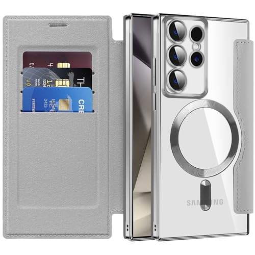 CcacHe Magnetische Schutzhülle für Samsung Galaxy S24 Ultra, kompatibel mit Magsafe, Kartenschlitz, Klappetui, stoßfest, Fallschutz, Leder, für S24 Ultra 5G 17,3 cm (6,8 Zoll), Grau von CcacHe