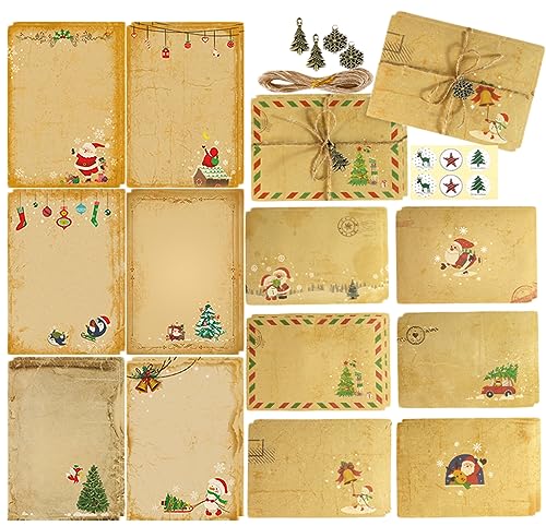 Ccomage 72 Stücke Weihnachts Briefpapier mit Umschlag, 24 Kraftpapier Wichtelbriefpapier 12 Umschlag 12 Retro Schlüssel 24 Aufkleber 20 m Hanfseil für Schönsten Weihnachtsgrüße von Ccomage