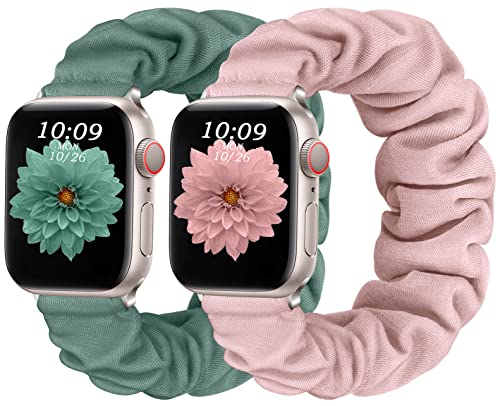 CeMiKa 2 Stück Armband Kompatibel mit Apple Watch Armband 42mm 44mm 45mm 49mm, Scrunchie Ersatzband für iWatch Armband Series 9 8 7 6 5 4 3 2 1 SE Ultra/Ultra 2, Männer Frauen, Sandrosa/Kieferngrün von CeMiKa