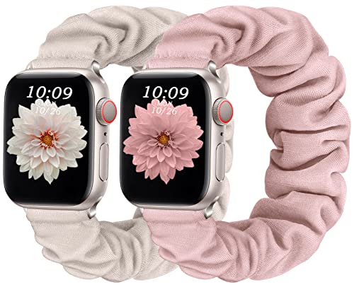 CeMiKa 2 Stück Armband Kompatibel mit Apple Watch Armband 42mm 44mm 45mm 49mm, Scrunchie Ersatzband für iWatch Armband Series 9 8 7 6 5 4 3 2 1 SE Ultra/Ultra 2, Männer Frauen, Polarstern/Sandrosa von CeMiKa