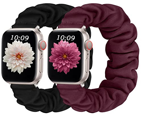 CeMiKa 2 Stück Armband Kompatibel mit Apple Watch Armband 42mm 44mm 45mm 49mm, Scrunchie Ersatzband für iWatch Armband Series 9 8 7 6 5 4 3 2 1 SE Ultra/Ultra 2, Männer Frauen, Schwarz/Weinrot von CeMiKa