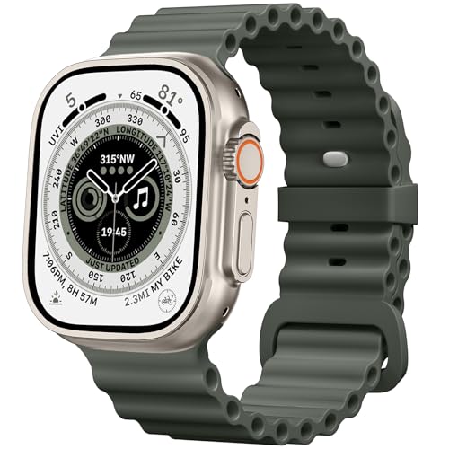 CeMiKa Armband für Ocean Silikon Kompatibel mit Apple Watch Armband 49mm 45mm 44mm 42mm, Weiches Loop Armband mit Schnalle Designed for iWatch Ultra 2 Ultra Series 9 8 7 6 5 4 3 2 1, Graugrün von CeMiKa