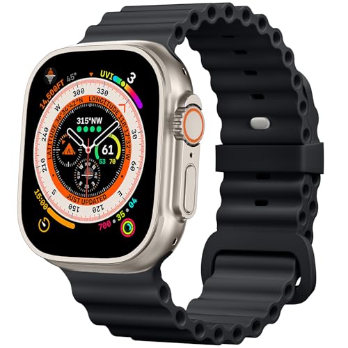 CeMiKa Armband für Ocean Silikon Kompatibel mit Apple Watch Armband 49mm 45mm 44mm 42mm, Weiches Loop Armband mit Schnalle Designed for iWatch Ultra 2 Ultra Series 9 8 7 6 5 4 3 2 1, Schwarz von CeMiKa