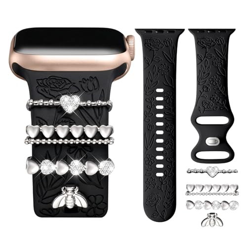 CeMiKa Blumengravierte Armbänder Kompatibel mit Apple Watch Armband 41mm 40mm 38mm für Damen, Silikonband & Dekorative Apple Watch Charms für iWatch Series 9 8 7 6 5 4 3 2 1 SE (inklusive Armband) von CeMiKa