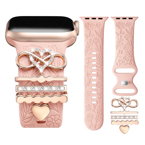 CeMiKa Blumengravierte Armbänder Kompatibel mit Apple Watch Armband 41mm 40mm 38mm für Damen, Silikonband & Dekorative Apple Watch Charms für iWatch Series 9 8 7 6 5 4 3 2 1 SE (inklusive Armband) von CeMiKa