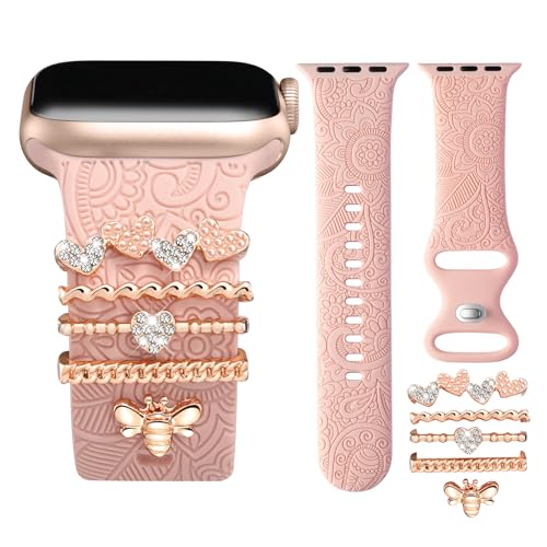 CeMiKa Blumengravierte Armbänder Kompatibel mit Apple Watch Armband 42mm 44mm 45mm 49mm für Damen, Silikonband & Dekorative Apple Watch Charms für iWatch Series 9 8 7 6 5 4 3 2 1 Ultra Ultra 2 von CeMiKa