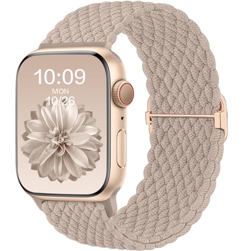 CeMiKa Geflochtenes Armband Kompatibel mit Apple Watch Armband 40mm 41mm 38mm für Damen Herren, Elastisches Solo Loop Nylon Armband für iWatch Series 9 8 7 6 5 4 3 2 1 SE Ultra 2, Milchtee von CeMiKa