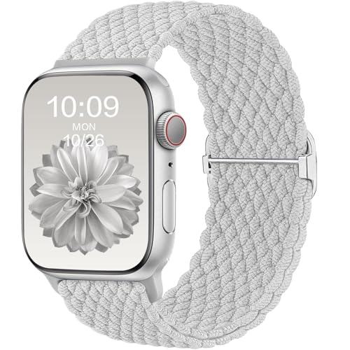 CeMiKa Geflochtenes Armband Kompatibel mit Apple Watch Armband 42mm 41mm 40mm 38mm Damen Herren, Stoff Elastisches Solo Loop Nylon Armband für iWatch Series 10 9 8 7 6 5 4 3 SE Ultra 2 1,WeißGrau von CeMiKa