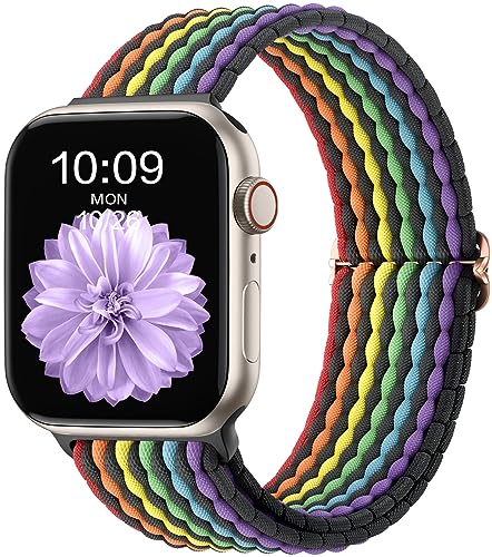 CeMiKa Geflochtenes Armband Kompatibel mit Apple Watch Armband 41mm 40mm 38mm für Damen Herren, Elastisches Solo Loop Nylon Armband für iWatch Series 9 8 7 6 5 4 3 2 1 SE Ultra 2, Regenbogen von CeMiKa