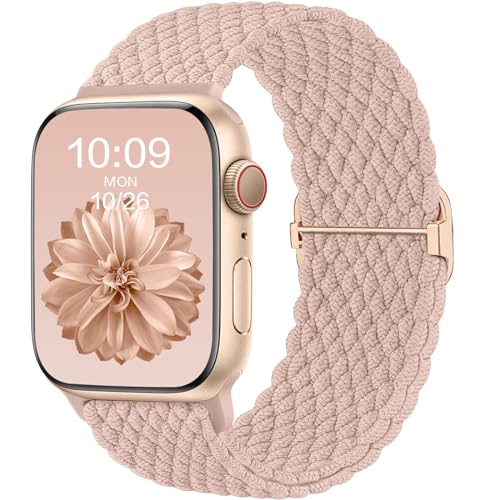 CeMiKa Geflochtenes Armband Kompatibel mit Apple Watch Armband 41mm 40mm 38mm für Damen Herren, Elastisches Solo Loop Nylon Armband für iWatch Series 9 8 7 6 5 4 3 2 1 SE Ultra 2, Sand Rosa von CeMiKa