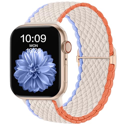 CeMiKa Geflochtenes Armband Kompatibel mit Apple Watch Armband 45mm 44mm 42mm 49mm für Damen Herren, Elastisches Solo Loop Nylon Armband für iWatch Series 9 8 7 6 5 4 3 2 1 SE Ultra 2, Sahne von CeMiKa