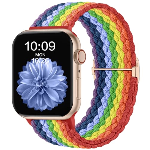 CeMiKa Geflochtenes Armband Kompatibel mit Apple Watch Armband 49mm 45mm 44mm 42mm für Damen Herren, Elastisches Solo Loop Nylon Armband für iWatch Series 9 8 7 6 5 4 3 2 1 SE Ultra 2, Regenbogen von CeMiKa