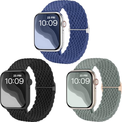 CeMiKa Geflochtenes Armband kompatibel mit Apple Watch Armband 45mm 44mm 42mm 49mm, Stoff Elastisches Sport Solo Loop Nylon Band für iWatch Series 9 8 7 6 5 4 3 SE Ultra 2 1,Herren Damen, 3 Stück von CeMiKa