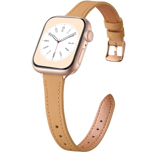 CeMiKa Schlankes Lederarmband Kompatibel mit Apple Watch Armband 38mm 40mm 41mm, Echtes dünnes Leder Ersatzband für Apple Watch SE/iWatch Series 8 7 6 5 4 3 2 1, Frauen Männer, Kamel von CeMiKa