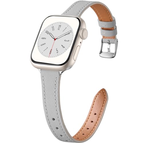 CeMiKa Schlankes Lederarmband Kompatibel mit Apple Watch Armband 38mm 40mm 41mm, Echtes dünnes Leder Ersatzband für Apple Watch SE/iWatch Series 9 8 7 6 5 4 3 2 1, Frauen Männer, Grau/Splitter von CeMiKa