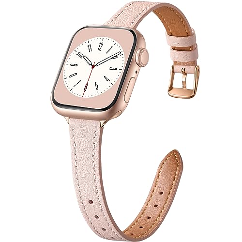 CeMiKa Schlankes Lederarmband Kompatibel mit Apple Watch Armband 38mm 40mm 41mm, Echtes dünnes Leder Ersatzband für Apple Watch SE/iWatch Series 9 8 7 6 5 4 3 2 1, Frauen Männer, Rosa von CeMiKa