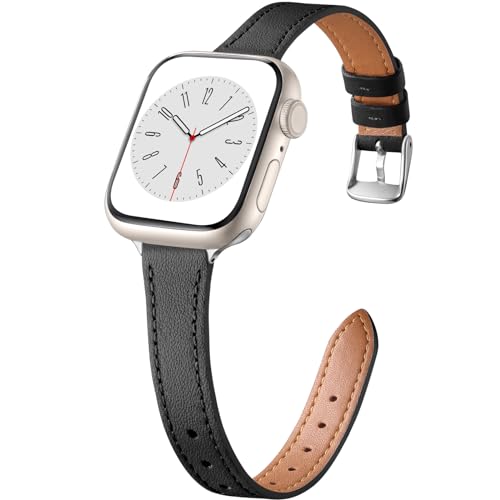 CeMiKa Schlankes Lederarmband Kompatibel mit Apple Watch Armband 38mm 40mm 41mm, Echtes dünnes Leder Ersatzband für Apple Watch SE/iWatch Series 9 8 7 6 5 4 3 2 1, Frauen Männer, Schwarz/Splitter von CeMiKa