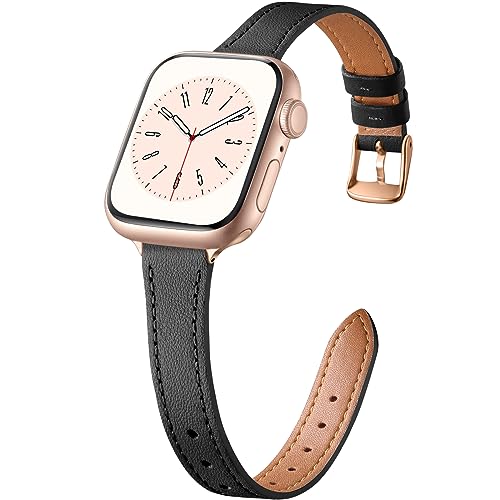 CeMiKa Schlankes Lederarmband Kompatibel mit Apple Watch Armband 38mm 40mm 41mm, Echtes dünnes Leder Ersatzband für Apple Watch SE/iWatch Series 9 8 7 6 5 4 3 2 1, Frauen Männer, Schwarz von CeMiKa