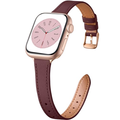 CeMiKa Schlankes Lederarmband Kompatibel mit Apple Watch Armband 38mm 40mm 41mm, Echtes dünnes Leder Ersatzband für Apple Watch SE/iWatch Series 9 8 7 6 5 4 3 2 1, Frauen Männer, Weinrot von CeMiKa