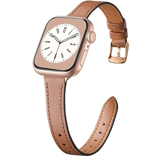 CeMiKa Schlankes Lederarmband Kompatibel mit Apple Watch Armband 42mm 44mm 45mm 49mm, Leder Ersatzband für Apple Watch Ultra/Ultra 2/iWatch Series 9 8 7 6 5 4 3 2 1, Frauen Männer, Braun von CeMiKa