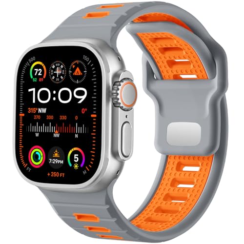 CeMiKa Sport Armband Kompatibel mit Apple Watch Ultra 2/Ultra Armband 44mm 49mm 45mm 42mm Herren, 26mm Verstellbare Silikon Sport Loop Ersatzbänder für iWatch Series 9 8 7 SE 6 5 4 3 2 1, GrauOrange von CeMiKa