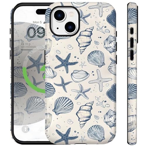Ceckooty Schutzhülle für iPhone 13, Motiv: blaue Muscheln, niedliches Vintage-Retro-Ozean-Strand-Design für Damen und Mädchen, kompatibel mit Magsafe, 2-lagig, stoßfest, kratzfest, für iPhone 13 Ceckooty Schutzhülle für iPhone 13, Motiv: blaue Muscheln, niedliches Vintage-Retro-Ozean-Strand-Design für Damen und Mädchen, kompatibel mit Magsafe, 2-lagig, stoßfest, kratzfest, für iPhone 13 von Ceckooty