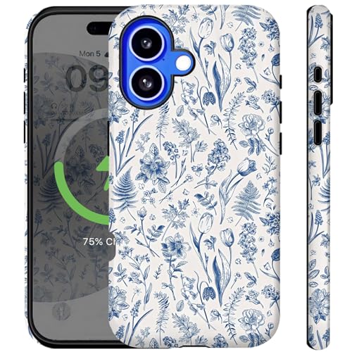 Ceckooty Schutzhülle für iPhone 16 Plus, Vintage-Stil, blaue Blumen, Blumen, niedliches äthetisches Design für Frauen und Mädchen, kompatibel mit Magsafe, Rugge, 2-in-1-Schicht, stoßfest, kratzfest Ceckooty Schutzhülle für iPhone 16 Plus, Vintage-Stil, blaue Blumen, Blumen, niedliches äthetisches Design für Frauen und Mädchen, kompatibel mit Magsafe, Rugge, 2-in-1-Schicht, stoßfest, kratzfest von Ceckooty