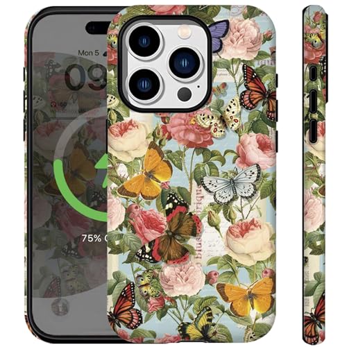 Kompatibel mit iPhone 13 Pro Hülle, Vintage Schmetterling Rose Niedliches Äthetisches Design für Frauen Mädchen [Kompatibel mit Magsafe] Stoßfeste, Anti-Kratzer Handyhülle für iPhone 13 Pro von Ceckooty