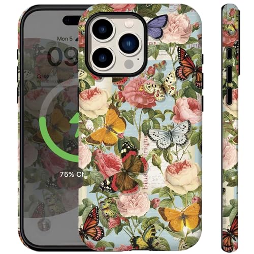 Kompatibel mit iPhone 16 Pro Hülle, Vintage Schmetterling Rose Niedliches Äthetisches Design für Frauen Mädchen [Kompatibel mit Magsafe] Stoßfeste Anti-Kratzer Handyhülle für iPhone 16 Pro, Retro von Ceckooty