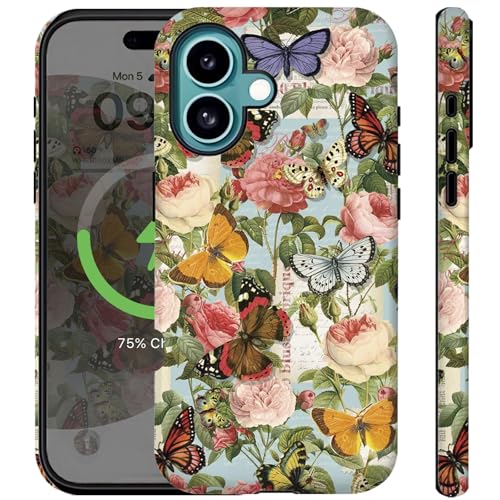Schutzhülle für iPhone 16 Plus, Vintage, Schmetterling, Rose, niedliches äthetisches Design für Frauen und Mädchen, kompatibel mit Magsafe, stoßfest, kratzfest, Retro-Schmetterlinge Schutzhülle für iPhone 16 Plus, Vintage, Schmetterling, Rose, niedliches äthetisches Design für Frauen und Mädchen, kompatibel mit Magsafe, stoßfest, kratzfest, Retro-Schmetterlinge von Ceckooty