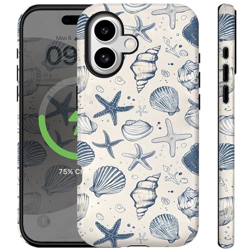 Schutzhülle für iPhone 16 Plus, Vintage-Stil, blaue Muscheln, niedliches Vintage-Retro-Ozean-Strand-Design für Frauen und Mädchen, kompatibel mit Magsafe, 2-in-1, stoßfest, kratzfest, Handyhülle für Schutzhülle für iPhone 16 Plus, Vintage-Stil, blaue Muscheln, niedliches Vintage-Retro-Ozean-Strand-Design für Frauen und Mädchen, kompatibel mit Magsafe, 2-in-1, stoßfest, kratzfest, Handyhülle für von Ceckooty