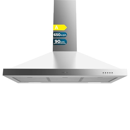 Cecotec Bolero Flux PM 906500 Edelstahl A 906500 pyramidenförmige Dunstabzugshaube, Motor 165 W, schwarzes Finish, Saugleistung 650 m³/h, mechanische Steuerung, 3 Leistungsstufen, Licht und von Cecotec