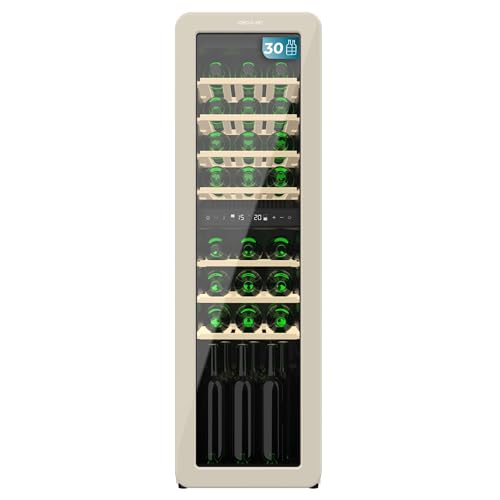 Cecotec Weinkühlschrank 30 Flaschen Retro Bolero Grandsommelier Origin Duo 30 Hit Beige. Schwarz mit 2 Temperaturzonen (5-12ºC, 12-20ºC), LED-Steuerung, NoFrost, Holzregale, Innenbeleuchtung von Cecotec