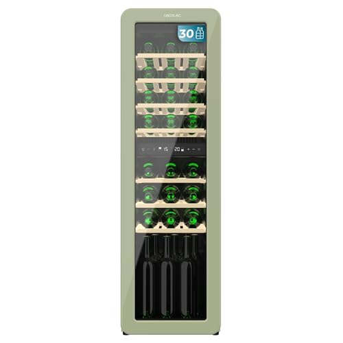 Cecotec Weinkühlschrank 30 Flaschen Retro Bolero Grandsommelier Origin Duo 30 Hit Green. Grün mit 2 Temperaturzonen (5-12ºC, 12-20ºC), LED-Steuerung, NoFrost, Holzregale, Innenbeleuchtung von Cecotec