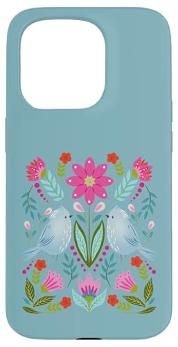 Boho Blue Vögel und Blumen Hülle für iPhone 15 Pro von Cedar Rue