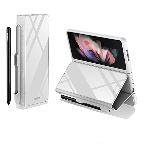 CeeEee Hülle für Galaxy Z Fold 3 5g Schutzhülle mit S-Pen und Standerfunktion Case 360 Grad Stoßfeste Handyhülle Premium 9H Panzerglas und PU Leder, Weiß von CeeEee