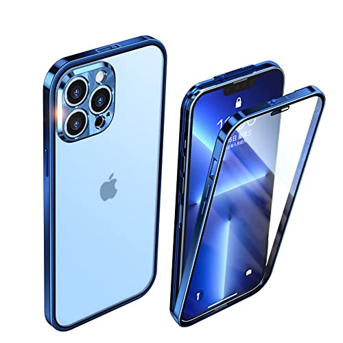 CeeEee Hülle für iPhone 13 Pro Gehärtetes Glas Klar Case Bildschirm und Kameraobjektiv Schutz Handyhülle mit Schnalle Stoßfänger aus Metall Ganzkörper Schutzhülle - Blau von CeeEee