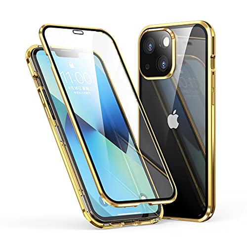 CeeEee Magnetische Hülle für iPhone 13 Doppelt Gehärtetes Glasdeckel Glitzer Case Stoßfest Metall Stoßstange mit Kamera-Objektivschutz - Gold von CeeEee